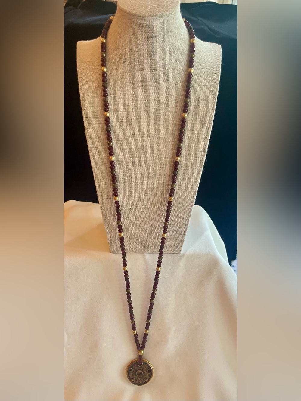 Long Burgundy and Gold Beaded Pendant Necklace